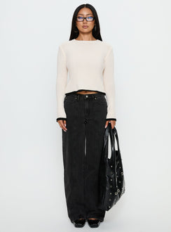 side view of model wearing Princess Polly Keree Lightweight Knit Sweater Cream cropped Jumpers 