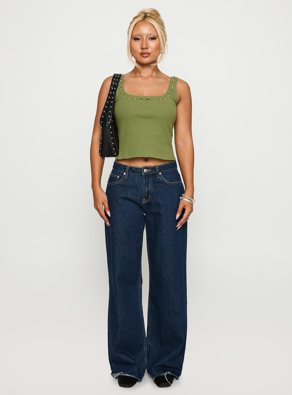 back view of model wearing Princess Polly Nobody Like You Top Khaki Sleeveless Square Neck 