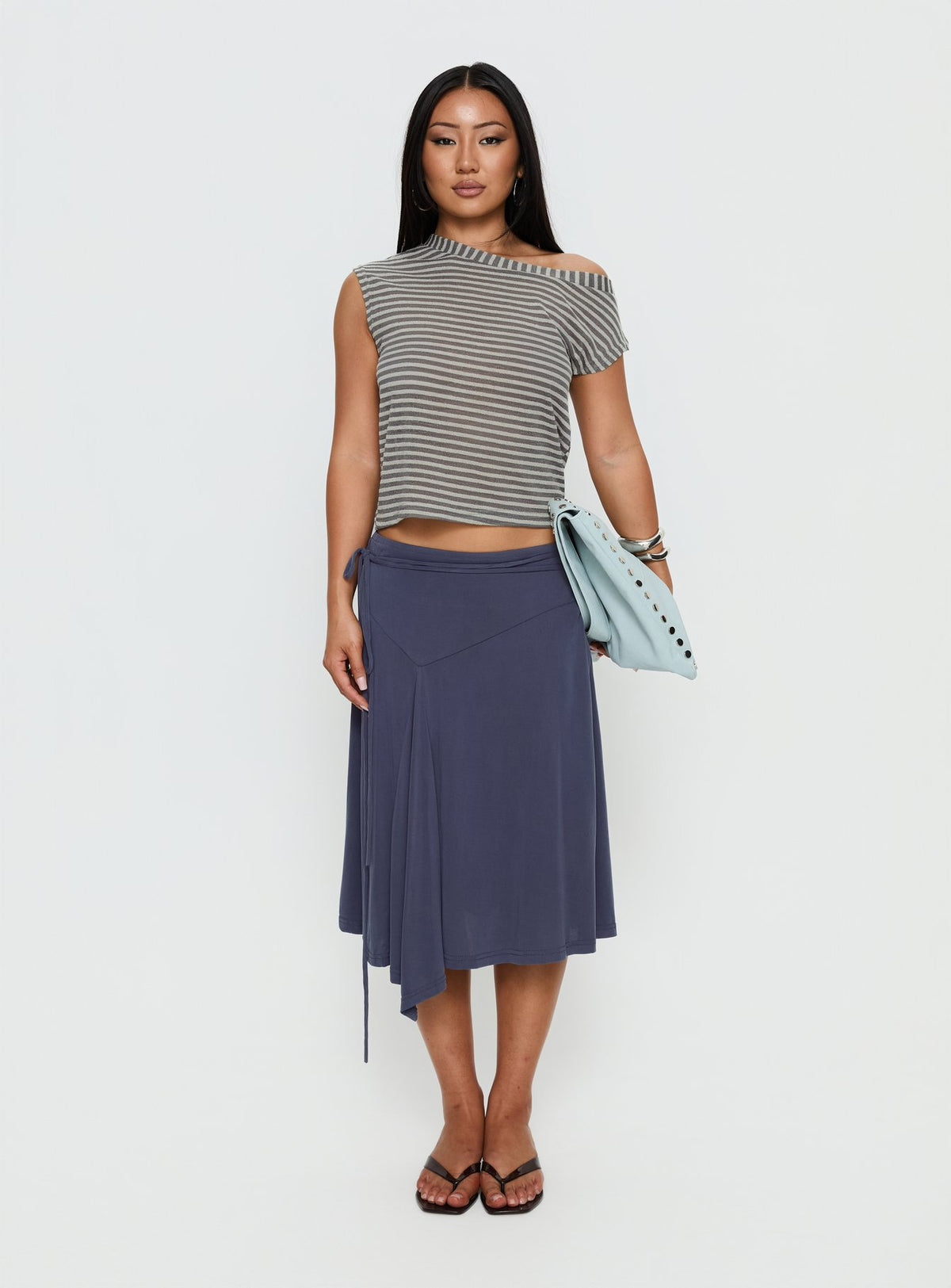   front view of model wearing Princess Polly Joaney Tie Side Jersey Midi Skirt Slate Midi Skirts 