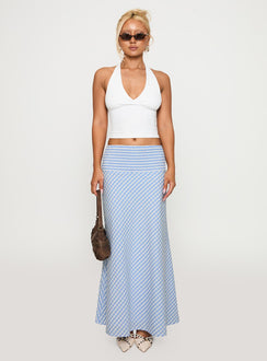 back view of model wearing Princess Polly Every Girl Shirred Maxi Skirt Blue Check Maxi Skirts Skirts 