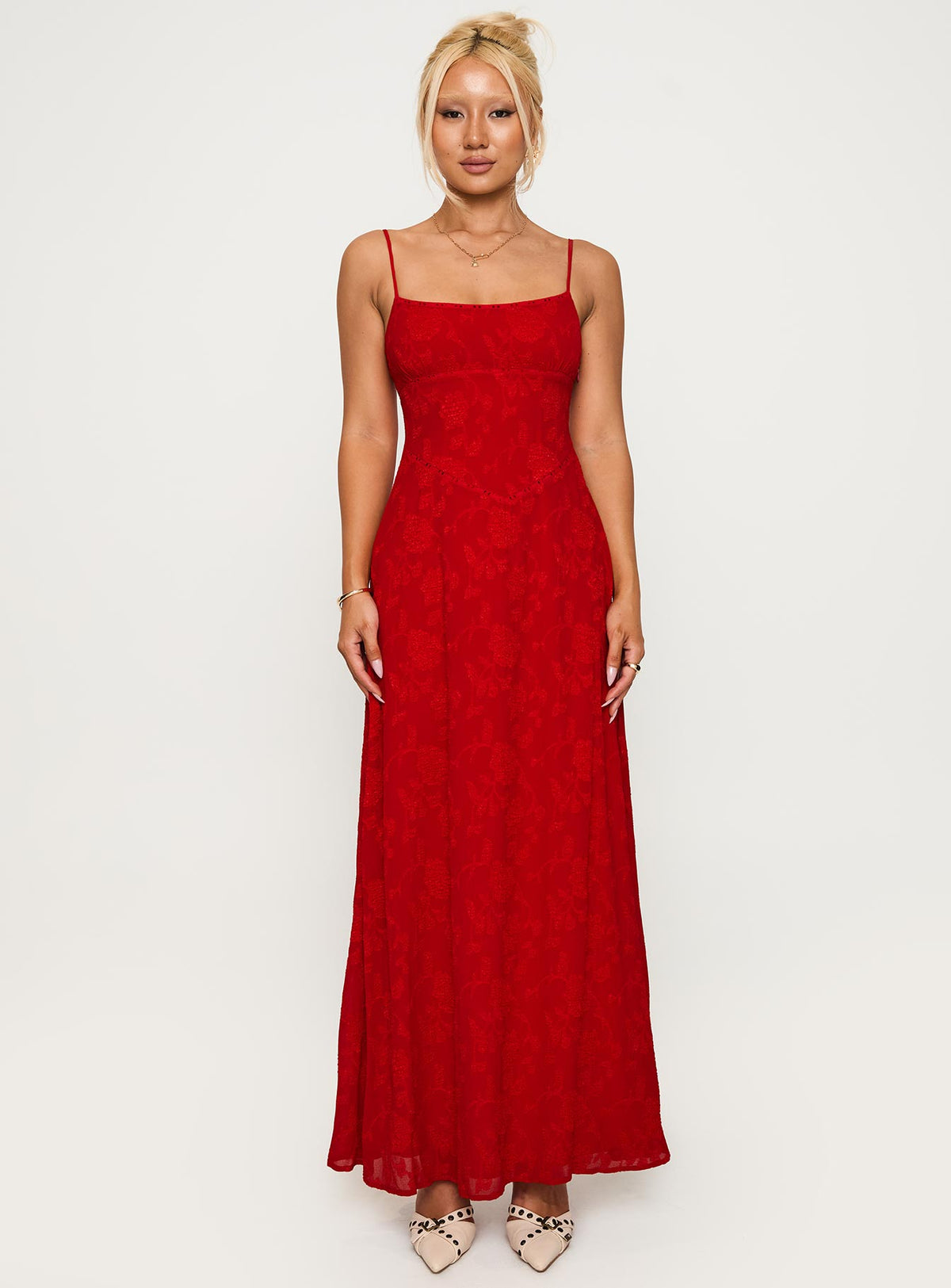 front view of model wearing Princess Polly South Of France Maxi Dress Red Scoop Neck 