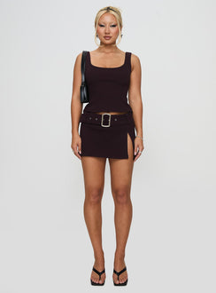   front view of model wearing Princess Polly Genessa Belted Micro Mini Skirt Wine Mini Skirts 
