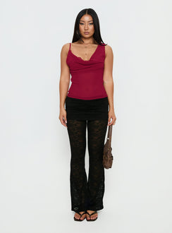 front view of model wearing Princess Polly Gogo Lace Flare Pants Black Mid Rise Pants Pants 