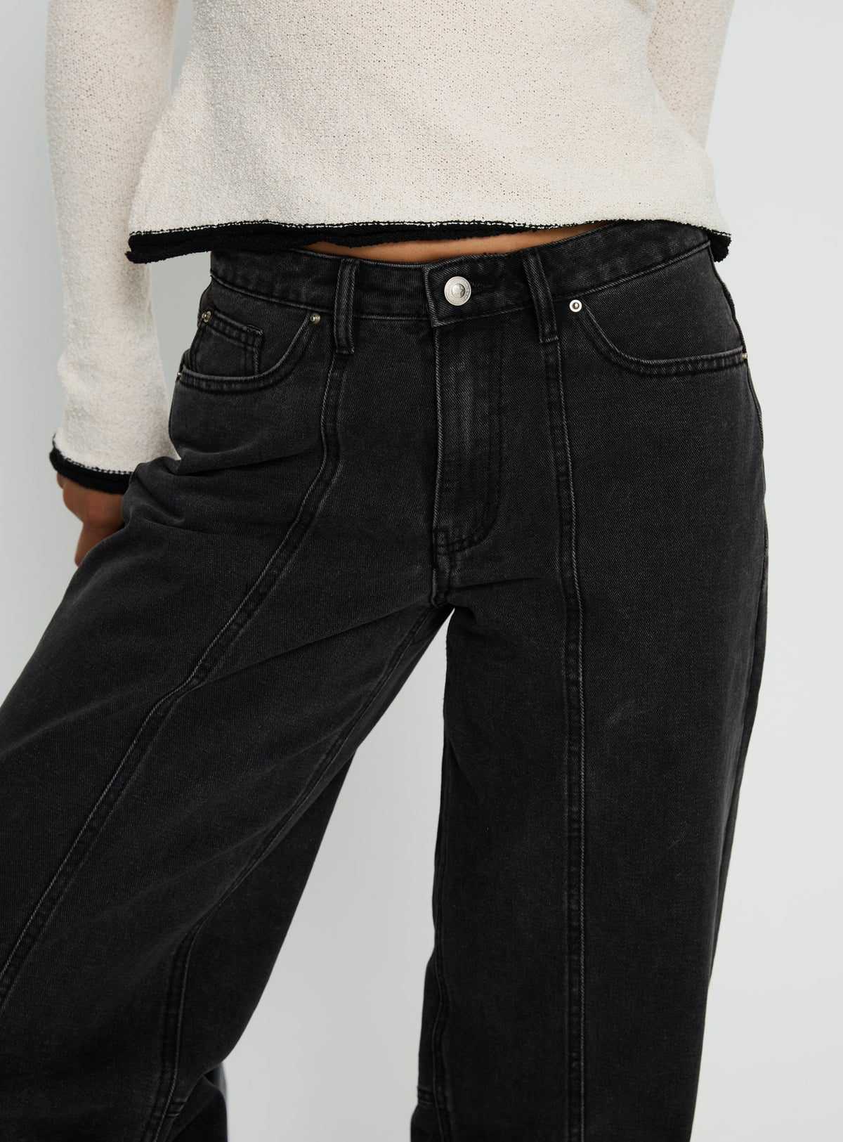 back view of model wearing Princess Polly Lando Low Rise Straight Leg Jeans Washed Black Low Rise Jeans Jeans 