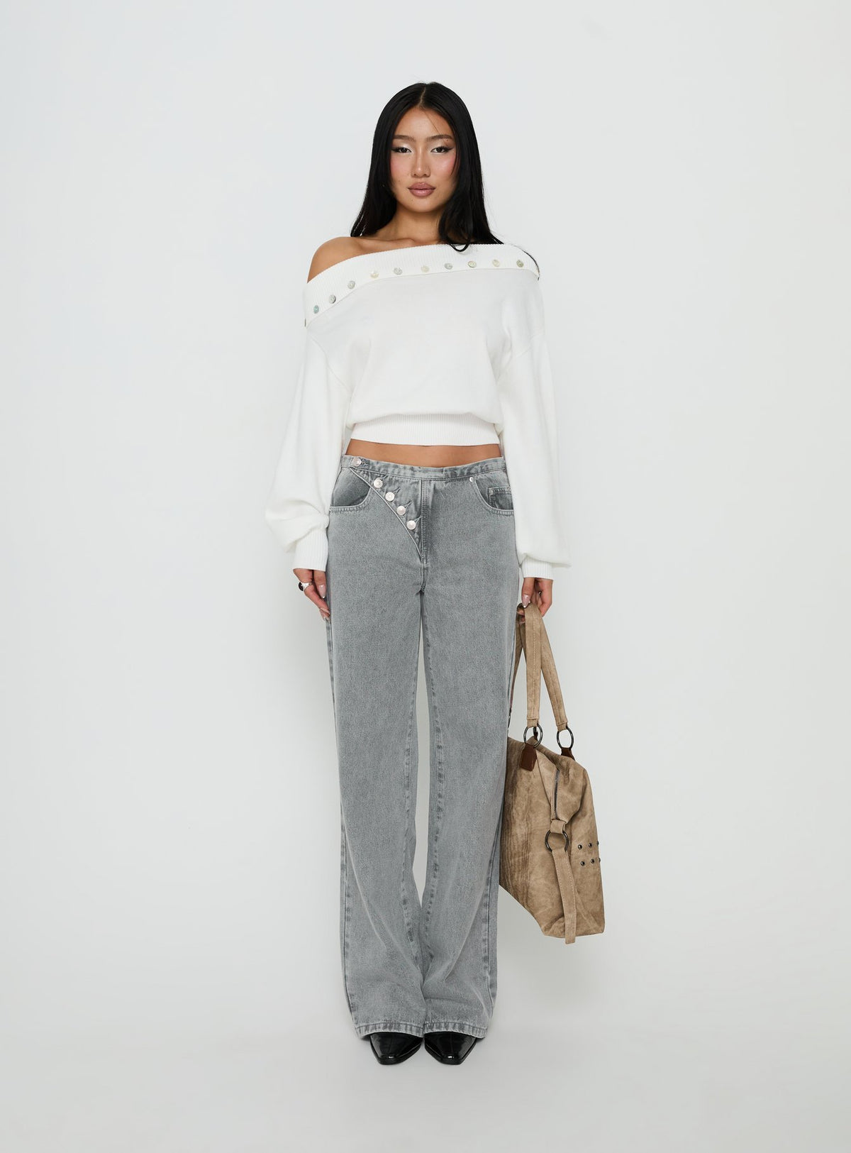 Showcasing the Pipper Asymmetrical Button Up Jeans Grey Wash in womens-jeans with high-rise front view of model wearing Princess Polly