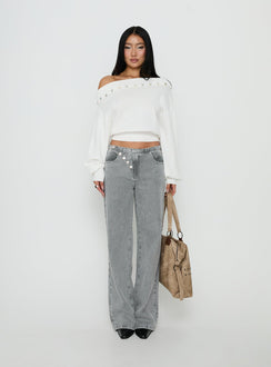 Showcasing the Pipper Asymmetrical Button Up Jeans Grey Wash in womens-jeans with high-rise front view of model wearing Princess Polly
