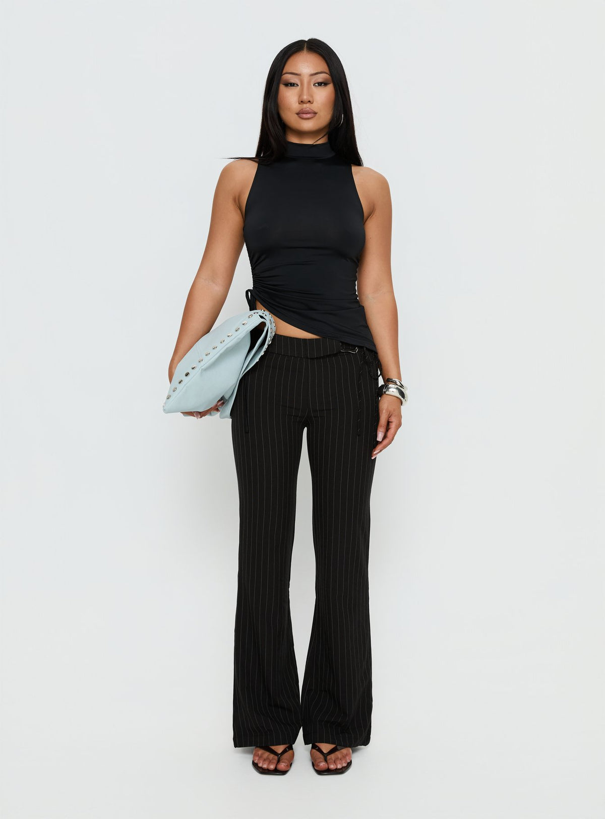 front view of model wearing Princess Polly Louder Please Tie Side Straight Leg Pants Black Pinstripe Mid Rise Pants Pants 