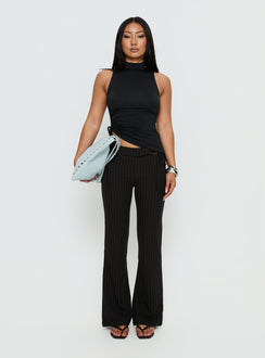 front view of model wearing Princess Polly Louder Please Tie Side Straight Leg Pants Black Pinstripe Mid Rise Pants Pants 