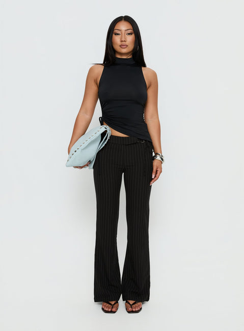 front view of model wearing Princess Polly Louder Please Tie Side Straight Leg Pants Black Pinstripe Mid Rise Pants Pants 