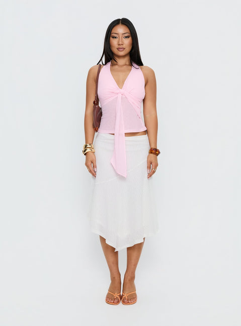   side view of model wearing Princess Polly Adrea Asymmetrical Midi Skirt White Midi Skirts 