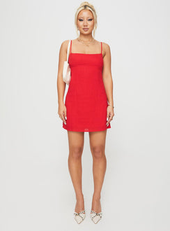 front view of model wearing Princess Polly Wurli Mini Dress Red Square Neck 