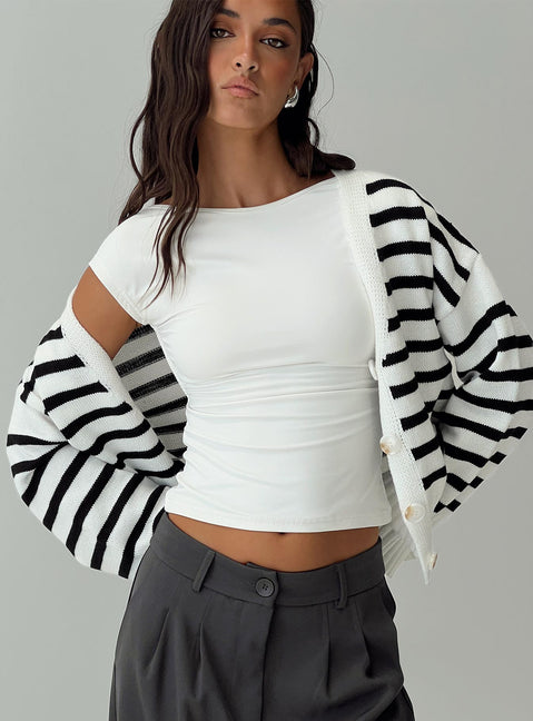 front view of model wearing Princess Polly Karlson Striped Cardigan Cream / Black cropped Jumpers 