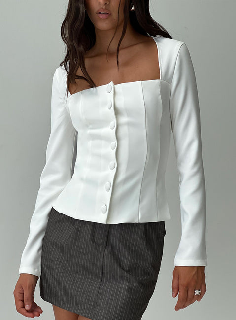 front view of model wearing Princess Polly Gaskin Long Sleeve Top White Full Sleeves Square Neck 