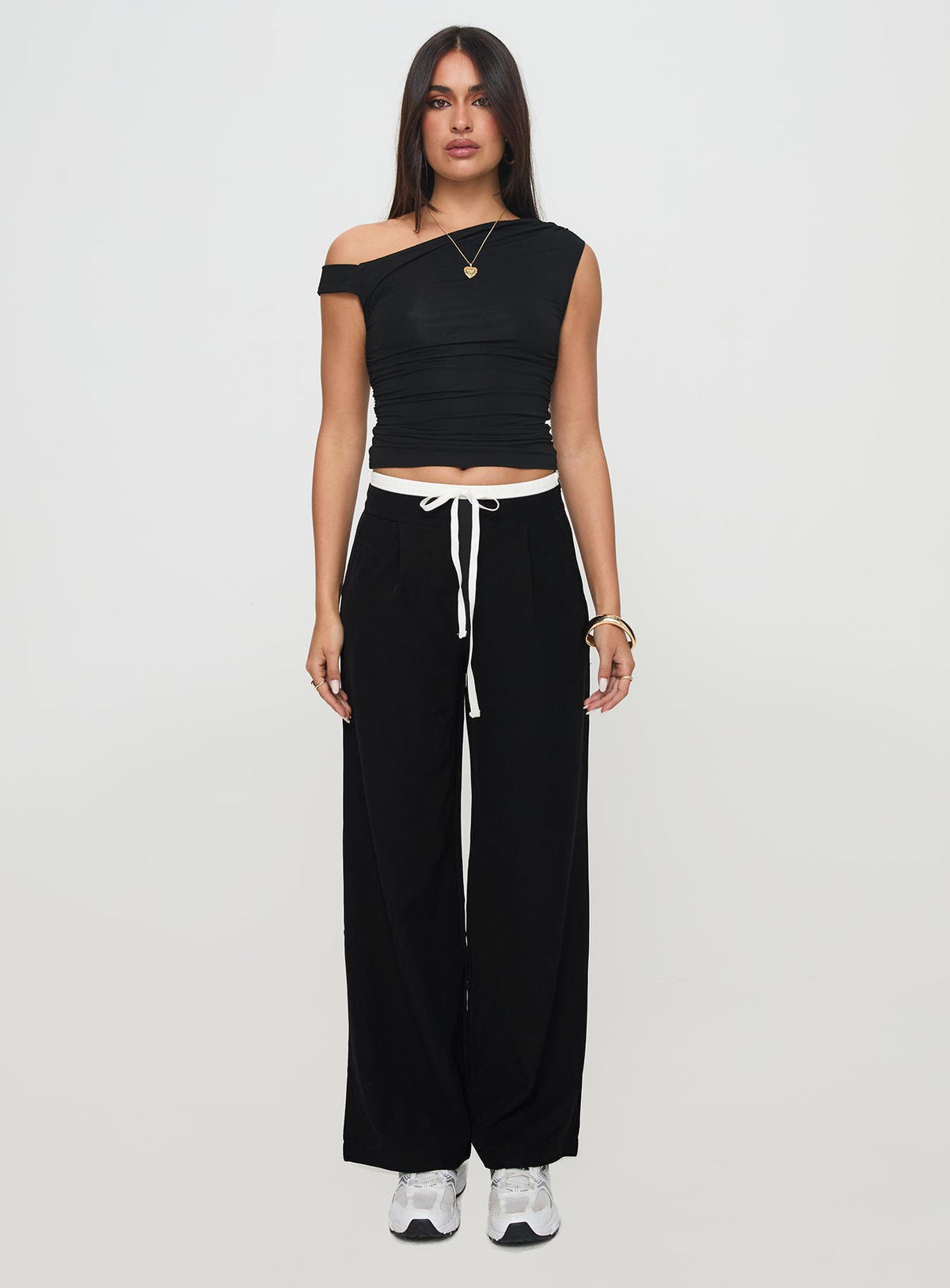 side view of model wearing Princess Polly Burna Pants Black High Rise Pants Pants 