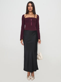 front view of model wearing Princess Polly Trynia Long Sleeve Top Burgundy Full Sleeves Square Neck 