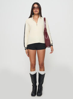 front view of model wearing Princess Polly Mandee Quarter Zip Knit Sweater Cream Longline Jumpers Jumpers 