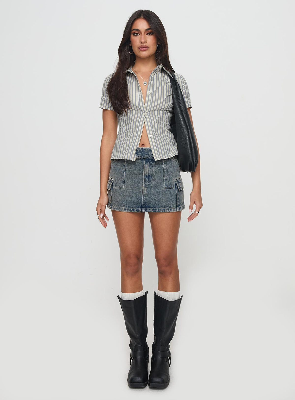 side view of model wearing Princess Polly Peppy Shirt Stripe Short Sleeves V-Neck 