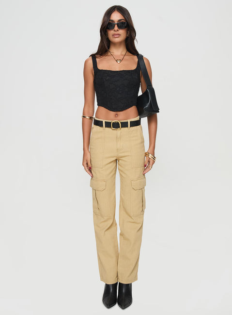 front view of model wearing Princess Polly Nickei Utility Cargo Pants Beige Mid Rise Pants Pants 