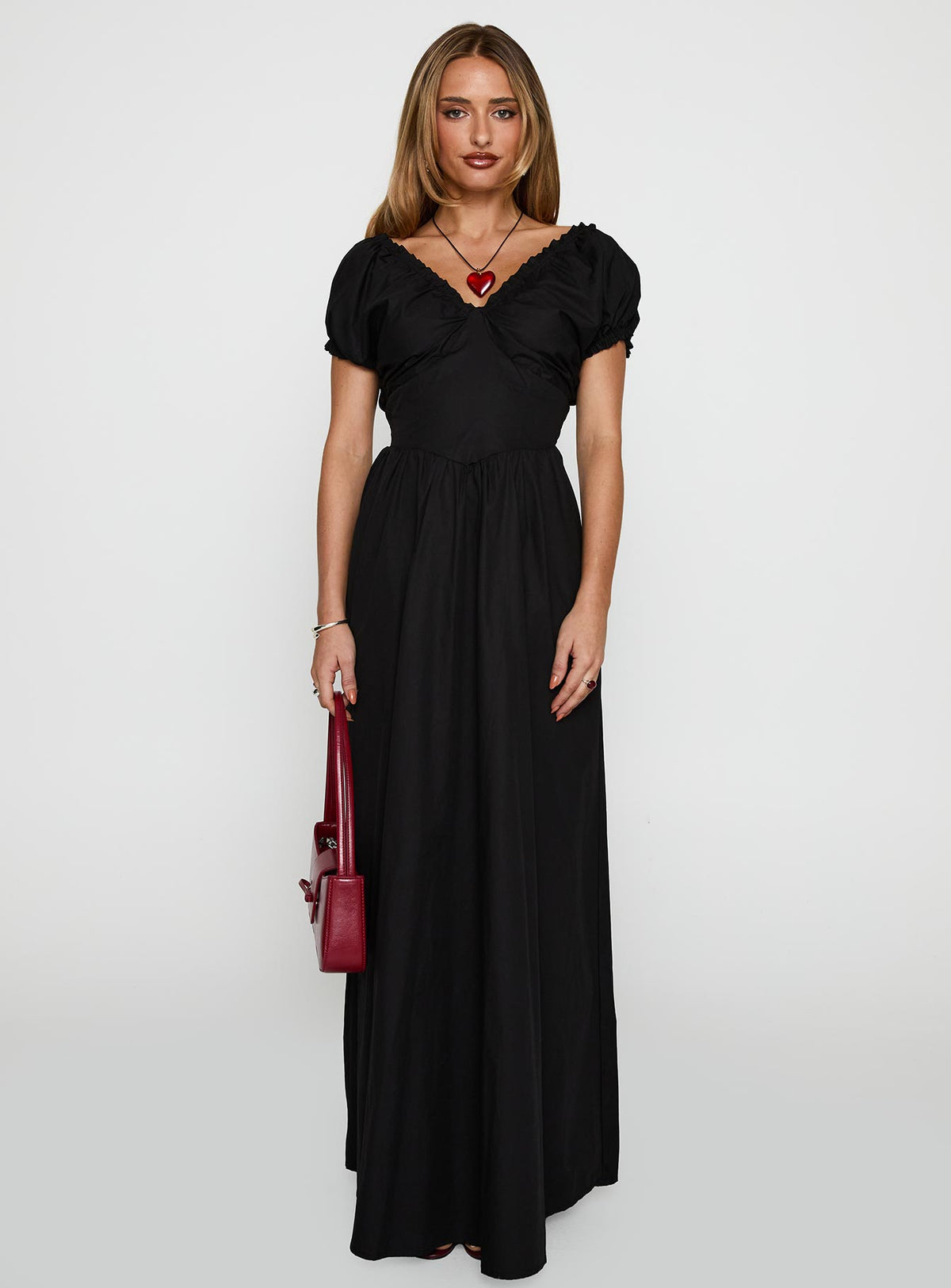 back view of model wearing Princess Polly Breeanna Maxi Dress Black V-Neck 