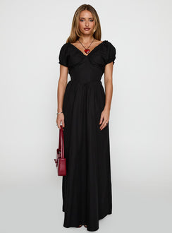 back view of model wearing Princess Polly Breeanna Maxi Dress Black V-Neck 