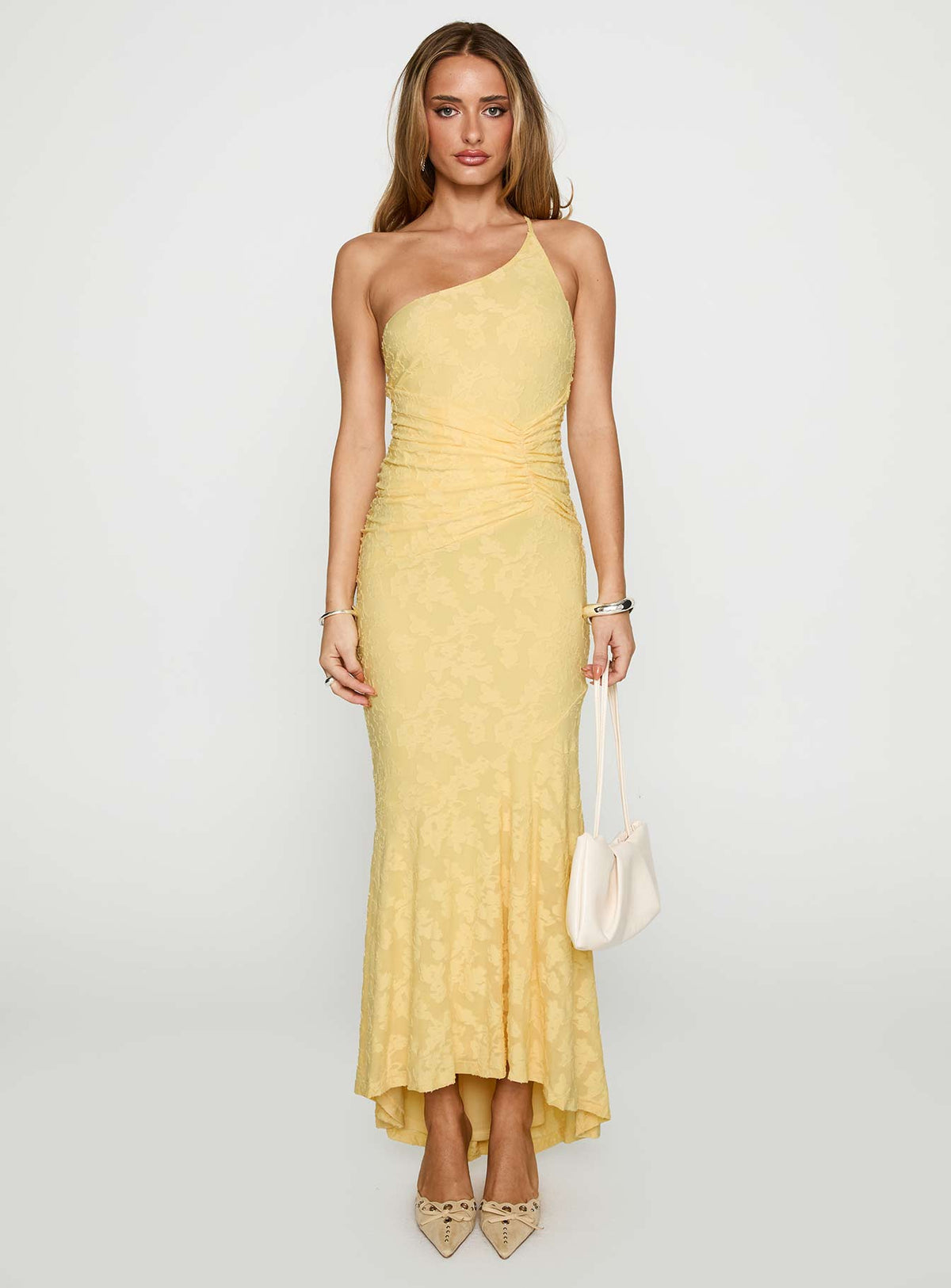 front view of model wearing Princess Polly Starlights One Shoulder Maxi Dress Lemon Asymmetric Neckline 