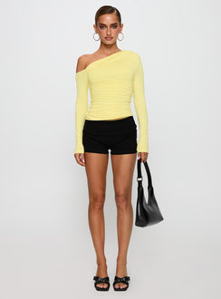 back view of model wearing Princess Polly Beller Long Sleeve Top Lemon Full Sleeves Asymmetric Neckline 