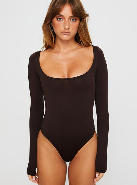 front view of model wearing Princess Polly Ellery Bodysuit Brown Tall Long Sleeve Tops Bodysuit 