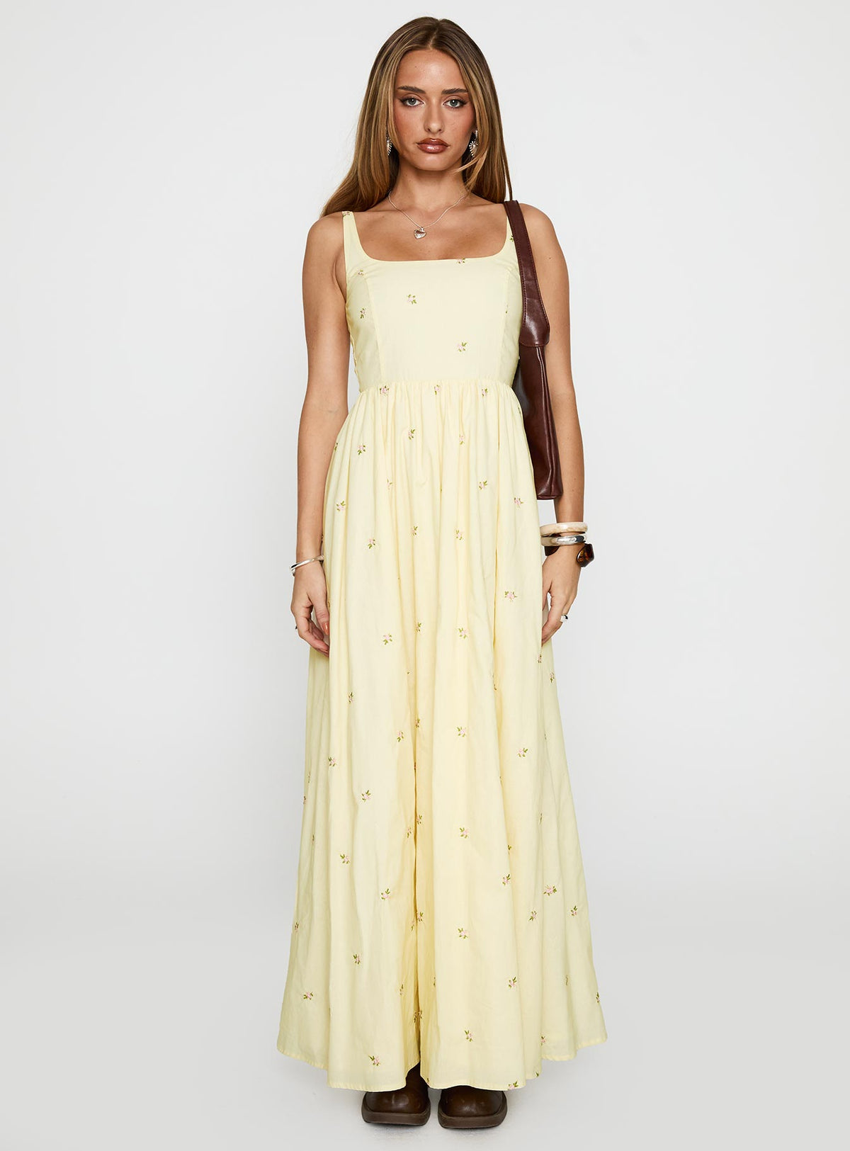 side view of model wearing Princess Polly Cartmel Embroidered Maxi Dress Cream Square Neck 