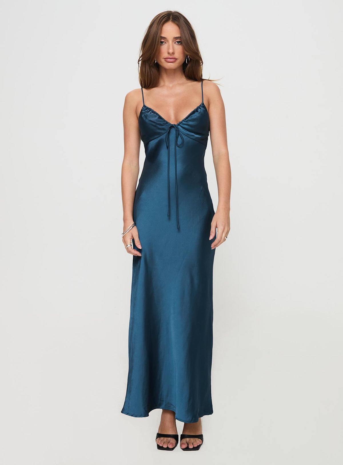 front view of model wearing Princess Polly Maguire Maxi Dress Navy Plunger 
