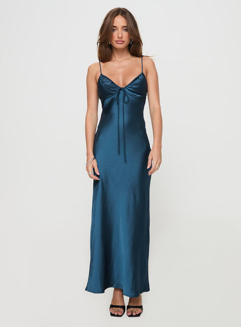 front view of model wearing Princess Polly Maguire Maxi Dress Navy Plunger 