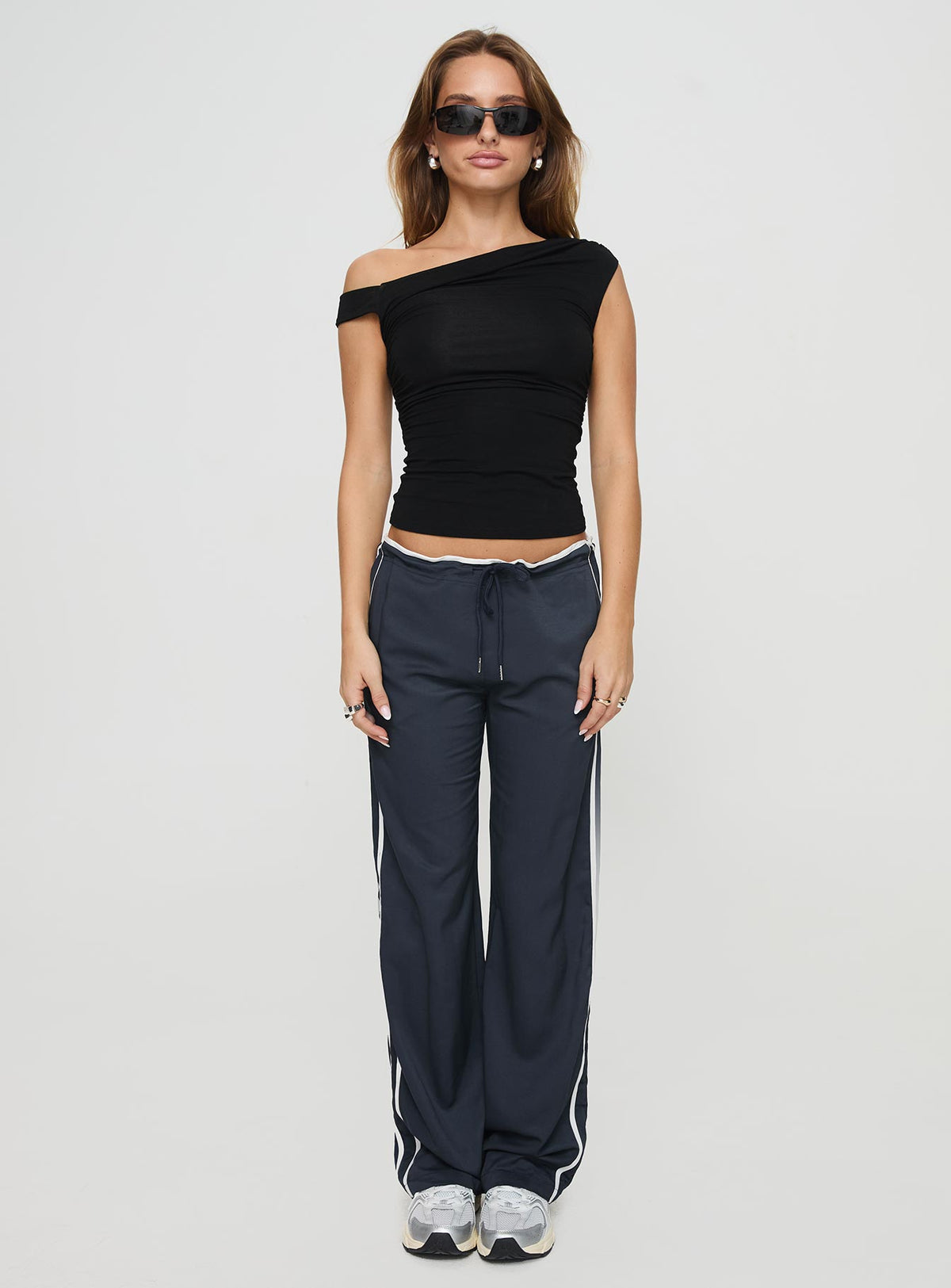 front view of model wearing Princess Polly Maranie Pants Navy/ White High Rise Pants Pants 