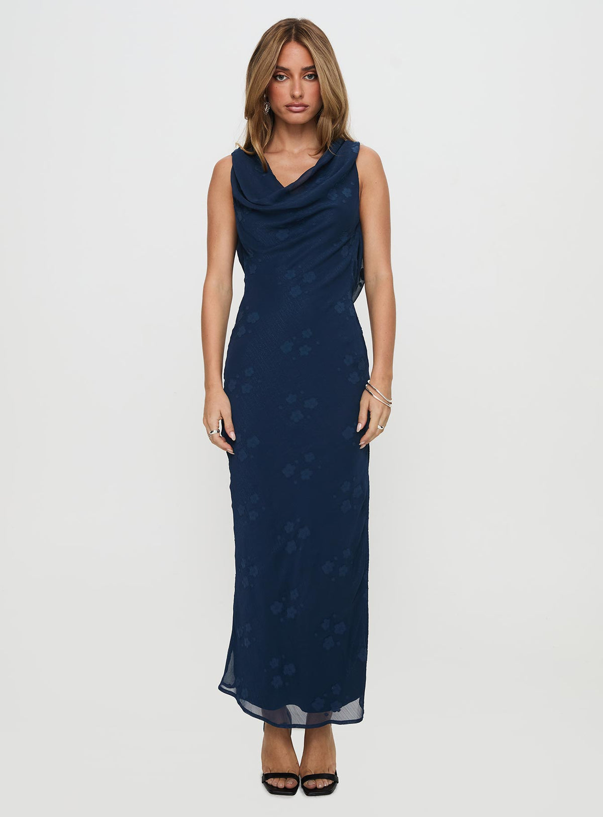 front view of model wearing Princess Polly Contessa Maxi Dress Navy Cowl Neck 