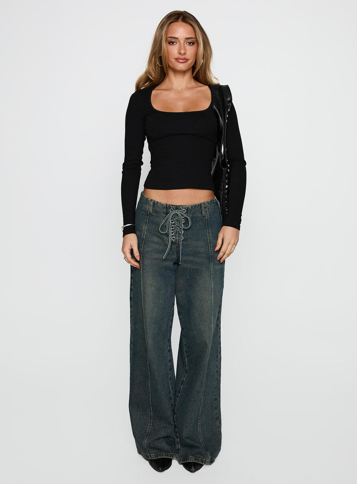front view of model wearing Princess Polly Baseline Long Sleeve Top Black Full Sleeves Scoop Neck 
