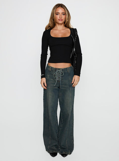 front view of model wearing Princess Polly Baseline Long Sleeve Top Black Full Sleeves Scoop Neck 