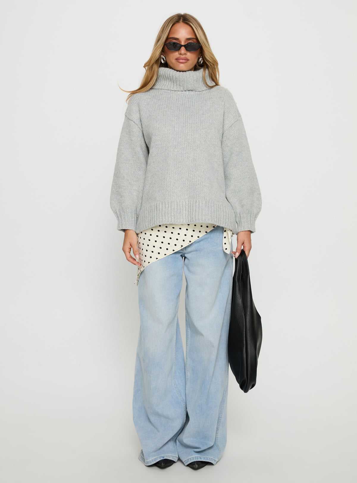 back view of model wearing Princess Polly Let Love In Knit Sweater Grey Longline Jumpers Jumpers 