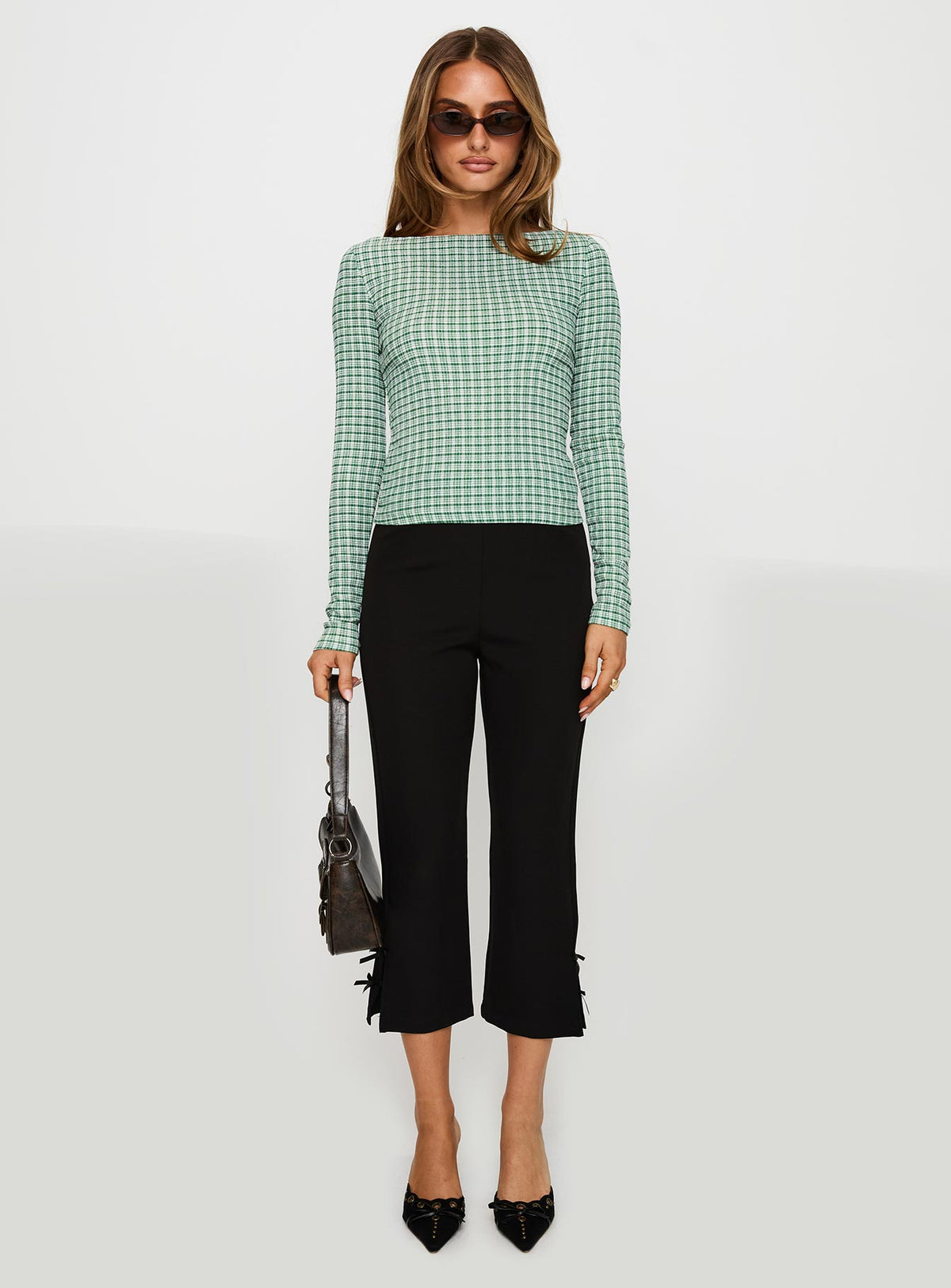 side view of model wearing Princess Polly Every Second Boat Neck Long Sleeve Top Green Check Full Sleeves Boat Neck 