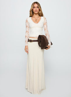 front view of model wearing Princess Polly Pitter Long Sleeve Top Cream Full Sleeves V-Neck 