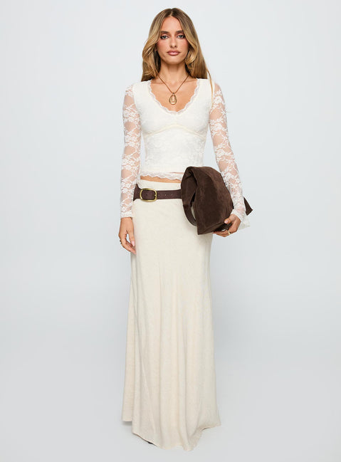 front view of model wearing Princess Polly Pitter Long Sleeve Top Cream Full Sleeves V-Neck 