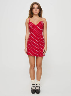 front view of model wearing Princess Polly Chara Mini Dress Red V-Neck 