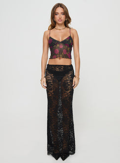 front view of model wearing Princess Polly Raphalee Top Black / Red Floral Sleeveless Plunger 