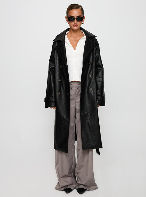 Think Later Faux Leather Trench Coat Black
