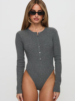 front view of model wearing Princess Polly Kerra Long Sleeve Bodysuit Charcoal Long Sleeve Tops Bodysuit 