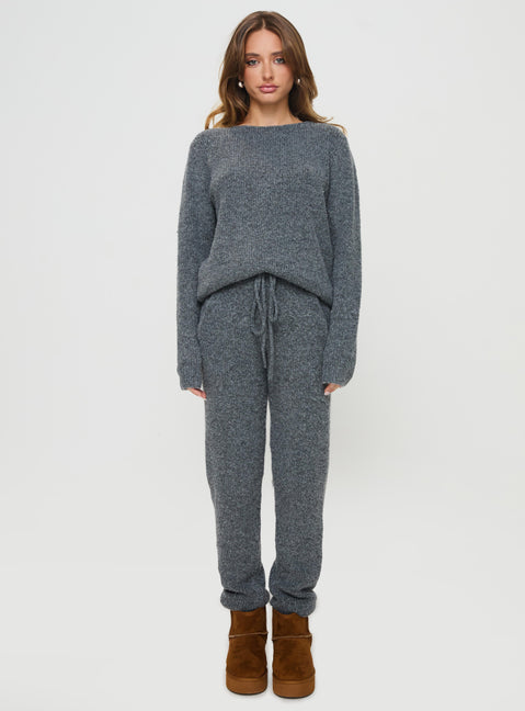 back view of model wearing Princess Polly Abrams Rib Knit Pants Charcoal Marle High Rise Pants Pants 