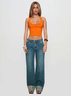 front view of model wearing Princess Polly Toros Mid Rise Wide Leg Foldover Denim Jeans Mid Blue Low Rise Jeans Jeans 