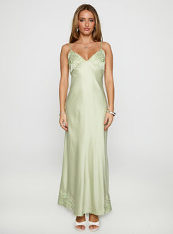 side view of model wearing Princess Polly Cyrielle Embroidered Maxi Dress Sage Plunger 