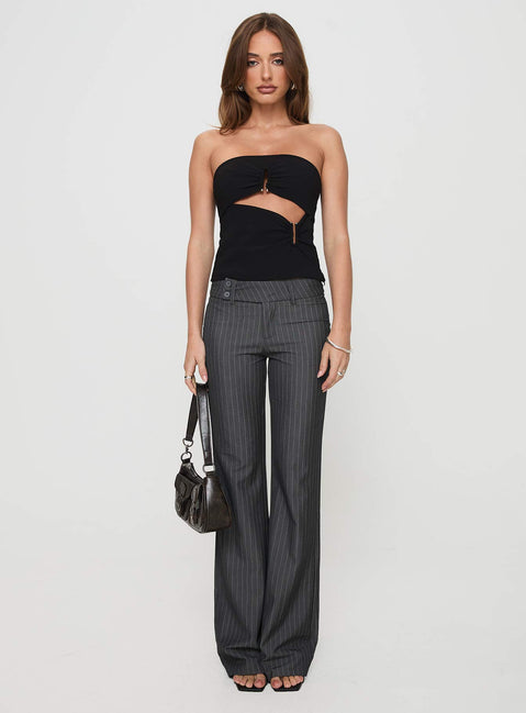 front view of model wearing Princess Polly Kinkirk Flared Pants Grey Pinstripe Low Rise Pants Pants 