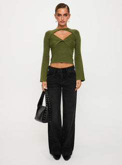front view of model wearing Princess Polly Giordani Long Sleeve Twist Top Moss Green Full Sleeves Crew Neck 