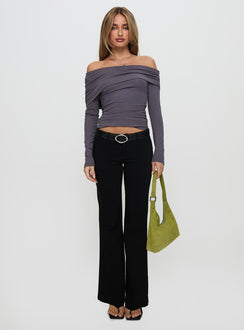 front view of model wearing Princess Polly Erving Long Sleeve Off Shoulder Top Slate Full Sleeves straight 