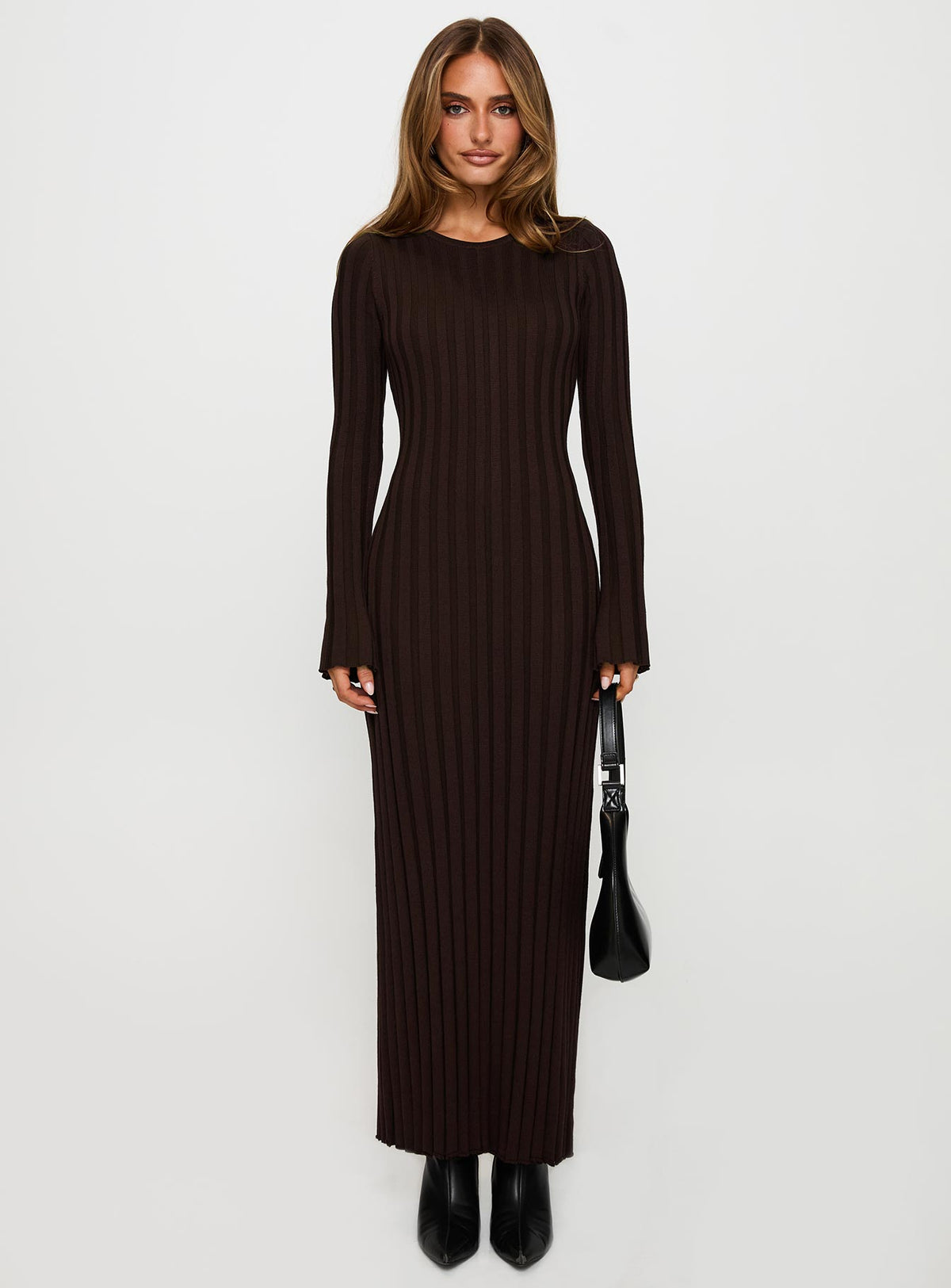 front view of model wearing Princess Polly Vespa Long Sleeve Maxi Dress Brown Crew Neck 