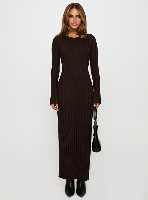 front view of model wearing Princess Polly Vespa Long Sleeve Maxi Dress Brown Crew Neck 